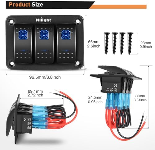 Nilight 90017C 3 Gang Aluminum Panel Toggle Dash 5 Pin On/Off Pre-Wired Rocker Switch Holder for Automotive Car Marine Boat, 2 Years Warranty,Blue