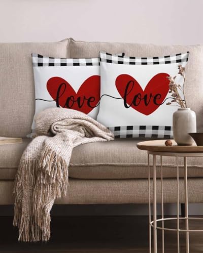 Red Valentine's Day Love Heart Pillow Covers 20x20 Inch Set of 2, Buffalo Plaid Decorations Outdoor Throw Pillow Covers, Holiday Linen Square Pillowcases for Sofa Couch Bedroom Patio Decorative - Image 2