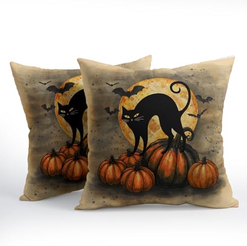 Halloween Throw Pillow Covers 22x22 Set of 2 Black Cat Bats Pillow Covers Pumpkins Full Moon Spooky Pillowcase for Kitchen Sofa Outdoor Cushion Couch Watercolor Bedroom Living Room Decoration - Image 2