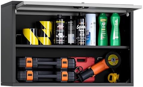 VEVOR Metal Wall Cabinet, 30.31 x 12.01 x 19.69 Inch, Floating Garage Tool Cabinet with Up-Flip Door and Shelf, 240 lbs Load Capacity, Fit for Garage, Basement, Kitchen, Warehouse Assembly Required by VEVOR