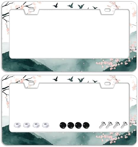 Mountains Cherry Blossom License Plate Frames - 2 Pcs Set 2 Holes Stainless Steel Metal Auto Car Accessories Decoration License Plate Frame Cover Size 6.3" x 12.2" Fit US Vehicles for Women Men Gift