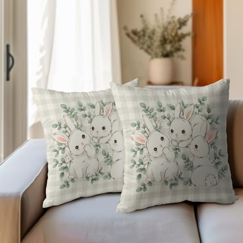 Easter Pillow Covers 24x24 Set of 2 Cute Bunny Rabbit Throw Pillow Covers Rustic Spring Pillowcase Linen Decoration Farmhouse Soft Decorative Plaid Cushion Case Couch for Indoor Outdoor Home Decor - Image 3
