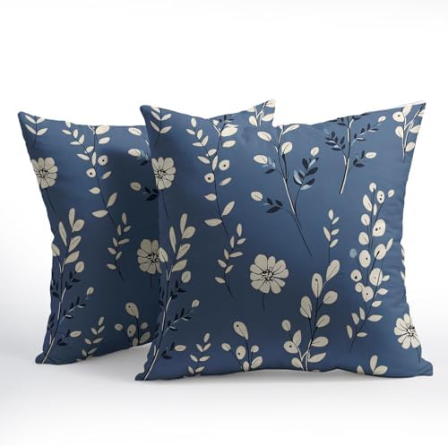 Spring Navy Blue Pillow Covers 18x18 Set of 2 Summer Throw Pillow Covers Rustic Floral Pillowcase Linen Decoration Farmhouse Soft Decorative Flower Cushion Case Couch for Indoor Outdoor Home Decor - Image 2