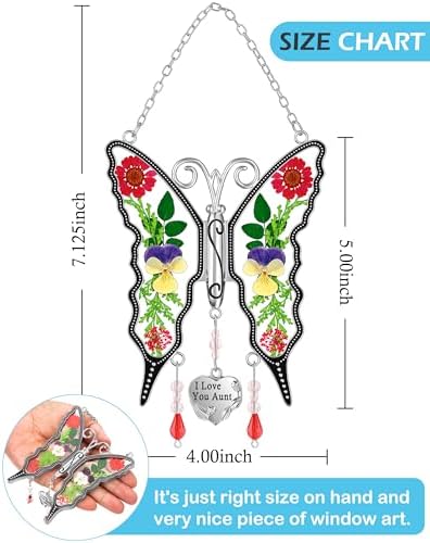 KY&BOSAM Butterfly Suncatcher I Love You Aunt Stained Glass Hanign for Window Catchers with Pressed Real Flower and Heart Charm Home Garden Decor Birthday Gifts for Aunt Mothers Day Christams Ornament - Image 4