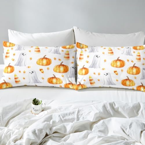 Erosebridal Halloween Pumpkin Comforter Set Boys Kids Cute Ghost Pumpkin Light Bedding Queen 3Pcs, Pumpkin Decor Bedding Comforter Sets for Girls Children Autumn Decorations Comforter for Home - Image 6