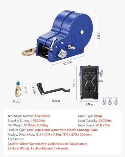VEVOR Boat Winch, 3500 lbs Hand Winch, Heavy Duty Manual Rope Crank with 20ft Gray-Black Polyester Strap, Portable Two-Way Ratchet, Anti-Slip Handle Gear for Boat Trailer ATV Towing - Image 7