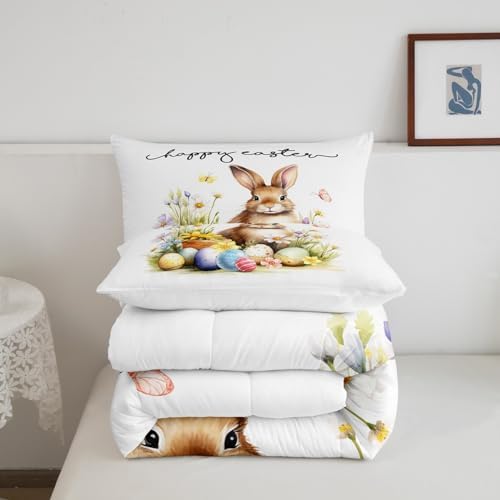Homewish Cute Rabbit Comforter Set Twin Size,Happy Easter Quilt Set Watercolor Egg Floral Bedding Set 2Pcs for Kids Girls Women Teens Room Decor,Nature Animals Plants Spring Duvet Insert,1 Pillowcase - Image 5