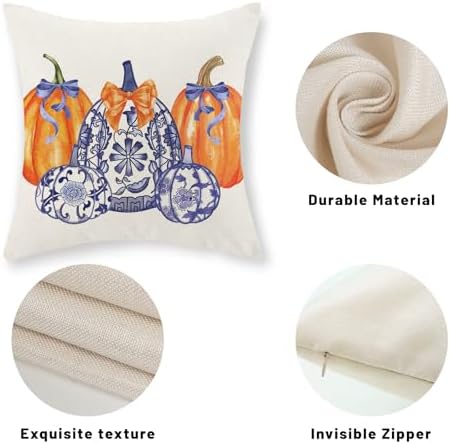 Fall Pillow Covers 20x20 Set of 2 Chinoiserie Blue and Orange Pumpkin Throw Pillows Grandmillennial Autumn Thanksgiving Decoration Pillowcase Outdoor Fall Decor Cushion Case for Couch Home - Image 7