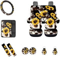 Brown Cow Sunflower Car Seat Covers 12Pcs Cow Car Accessories Interior Sets with Universal Fit Auto Steering Wheel Covers Seatbelt Pads Keychain Cup Holder Coaster for Women,Men,Fit Most Cars