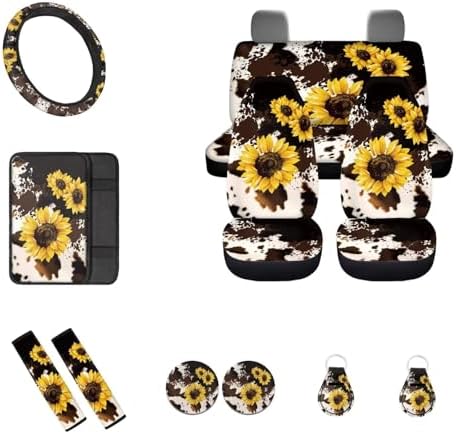 Brown Cow Sunflower Car Seat Covers 12Pcs Cow Car Accessories Interior Sets with Universal Fit Auto Steering Wheel Covers Seatbelt Pads Keychain Cup Holder Coaster for Women,Men,Fit Most Cars