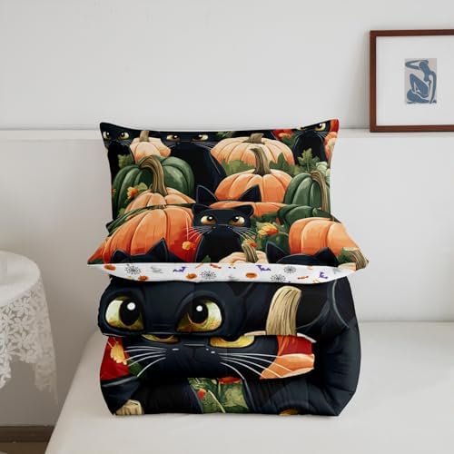 Erosebridal Black Cat Pumpkin Bedding for Youth Teenagers Happy Festival Bedding Comforter Sets, Kids Newborn Pumpkin Decor Comforter Set Magical Black Cat Quilt 3Pcs Queen, 1 Comforter 2 Pillowcases - Image 5