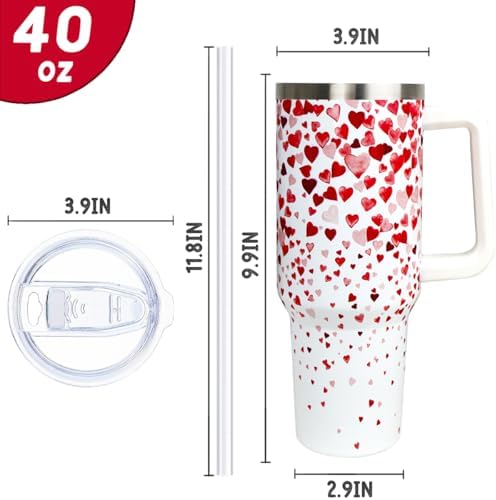 Valentines Tumbler 40oz Love Heart Tumbler Coffee Mugs Watercolor Heart Leak Proof Cups with Handle and Straw Stainless Steel Insulated Water Bottle for Valentine Decor Gifts for Women Her(1PCS) - Image 6