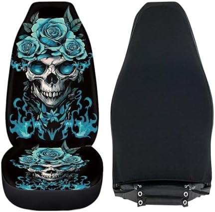 Halloween Skull Rose Car Front Seat Covers Breathable Car Seat Cover Stretch Polyester Fabric Cover Non Slip Fashion Auto Interior Universal for Cars Truck SUV Van