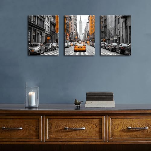 New York City Wall Art Black and White USA Street Poster Urban Yellow Taxi Car Wall Decor for Living Room Modern Building Picture NYC Scenery Panorama Artwork Bedroom Office Home Decoration 12x16" 3P - Image 3