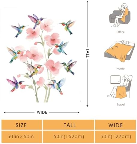 Hummingbird Floral Throw Blanket for Couch Sofa Bed,Pink Flower and Colorful Birds Blanket for Girls Women,Bedroom Decor Present for Birthday Valentines Day 50"x60" - Image 2