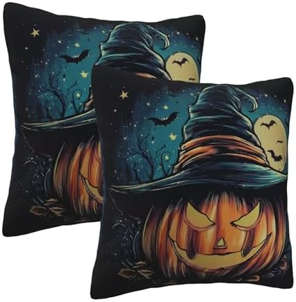 Halloween Witch Hat Pumpkin Throw Pillow Covers 18x18 inch Set of 2 Pillow Case Cushion Cover for Home Sofa Couch Living Room Car Decor - Image 2