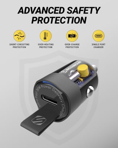 Scosche CPDC30 PowerVolt 30-Watt USB Type-C Fast Mini Flush Fitting Car Charger with Fabric Pull Tag & Power Delivery 3.0 with PPS for All USB-C Devices