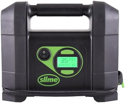 Slime 40047 Tire Inflator, Portable Car Air Compressor, Rugged, Inflate Right automatic shut off, with Digital 99 psi Display, Long Hose and LED Light, 12V, 4 min inflation by Slime