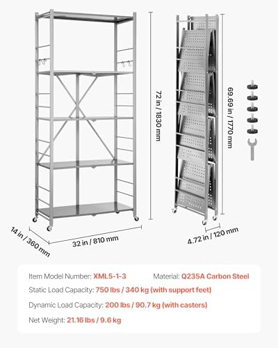 VEVOR 5-Tier Foldable Storage Shelf, 32W x 14D x 72H Inch Folding Metal Rack Shelving Unit, Heavy Duty No Assembly Organizer Shelf with 5 Wheels & 4 Hooks for Pantry, Kitchen, Garage, Basement, Grey - Image 3