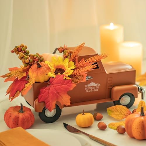 KI Store Fall Truck Decor 12-Inch Vintage Metal Truck with Fall Pumpkin Sunflower for Halloween Thanksgiving Decoration Table Centerpieces - Image 4