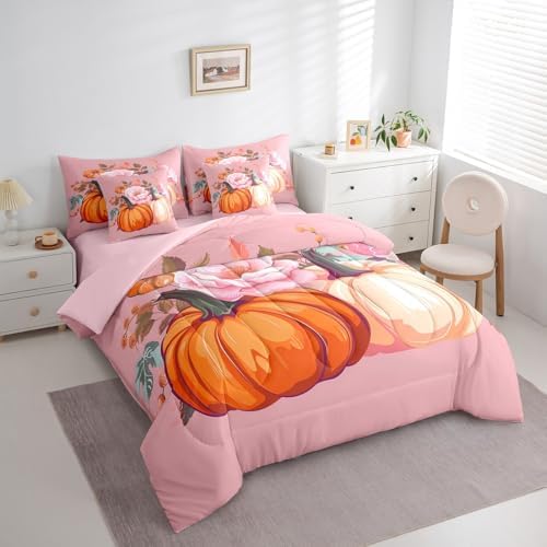 Erosebridal Fall Bedding Sets for Girls 7 Piece King Rose Pumpkin Bed in A Bag with Sheets Aesthetics Autumn Theme Comforter Set for Kids Teen Women Thanksgiving Harvest Bed Set with Comforter - Image 3