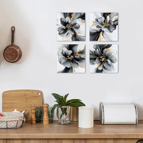 Black and White Gold Flower Wall Art Abstract Wall Decor Marble Texture Picture Canvas Prints Watercolor Minimalist Foil Fluid Framed Poster Modern Artwork for Bedroom Office Home Decoration 12x12 4P - Image 4
