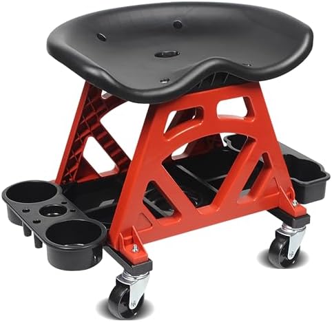 MaxWorks 50957 Ergonomic Seat Mechanic Stool Chair 22.9" L x 13.9" W x 17" H, with 4pcs 2.5" Swivel Casters, with Tool Tray for Workshop, Garage, Auto Repair - 300 Lbs Capacity by MaxWorks