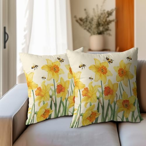Spring Pillow Covers 18x18 Set of 2 Yellow Floral Throw Pillow Covers Rustic Flower Pillowcase Linen Decoration Farmhouse Soft Decorative Bee Summer Cushion Case Couch for Indoor Outdoor Home Decor - Image 3