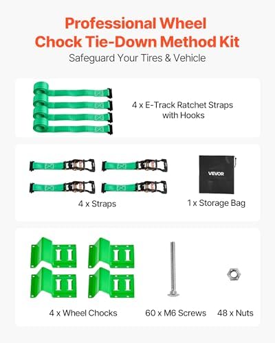VEVOR Wheel Chock Tie-Down Kit, Chock-Style Trailer Strap, Car Kit with Buckle, Break Strength 4380 lbs & Working Load 1460 lbs Motorcycle Tie-Down System E-Hooks for ATVs, UTVs