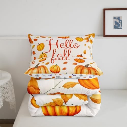 Erosebridal Fall Bedding Comforter Sets for Boys Girls Thanksgiving Gifts Bedding Autumn Harvest Comforter Set Bedroom Decor, Golden Pumpkin Decor Duvet Insert with 2 Pillowcases, Queen - Image 4