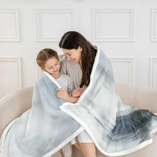 Nautical Lighthouse Sherpa Blanket Retro Oil Painting Throw Blanket Bedroom Living Room Soft Cozy Coastal Tower Blankets Decor for Bed Couch Sofa Black Grey Flannel Blankets 30"x40" - Image 2