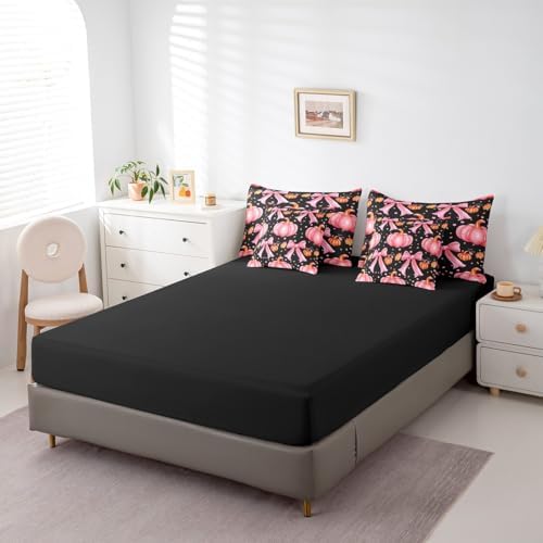 Erosebridal Cute Pumpkin King Bedding Set 7 Piece Kawaii Pink Bowknot Comforter Set for Kids Girls Teen Fall Thanksgiving Day Bed in A Bag Cute Autumn Floral Maple Leaf Sheet Set with Comforter - Image 5