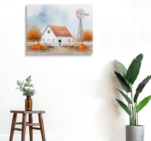 White Barn with Pumpkins Wall Art – Autumn Farmhouse Landscape Poster,Rustic Fall Windmill Canvas Print for Entryway or Thanksgiving Dining Room Decor 16x20in Large Frame wall art - Image 6