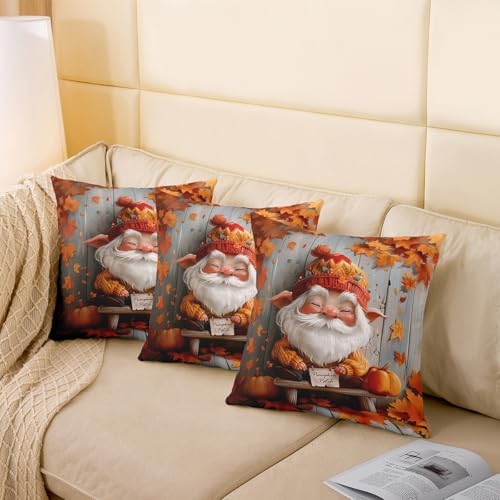 Fall Gnome Throw Pillow Covers 2 Pack,Autumn Orange Maple Leaves Pumpkin Double Sides Print Cushion Covers for Sofa,Rustic Farmhouse Wooden Plank Retro Pillow Covers,22"x 22" - Image 4