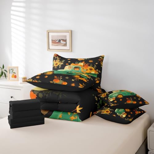 Erosebridal Thanksgiving Harvest King Comforter Set 7 Piece,Fall Pumpkin Truck Bedding Set with Sheets Farmhouse Maple Leaf Sunflower Bed in A Bag for Kids Adults Rustic Autumn Bed Set - Image 6