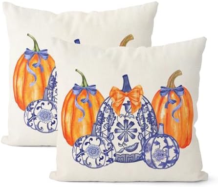 Fall Pillow Covers 20x20 Set of 2 Chinoiserie Blue and Orange Pumpkin Throw Pillows Grandmillennial Autumn Thanksgiving Decoration Pillowcase Outdoor Fall Decor Cushion Case for Couch Home by Gohdiwh
