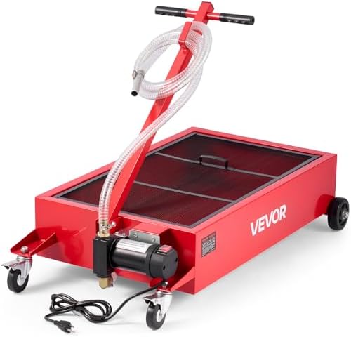 VEVOR Low Profile Oil Drain Pan, 17 Gal Capacity, Rolling Oil Drain Pan with 110V High-Flow Electric Pump, 7.2 ft Hose & T Folding Handle, Leak-Proof & Corrosion-Resistant, Fit for Trucks, ATVs, Red by VEVOR