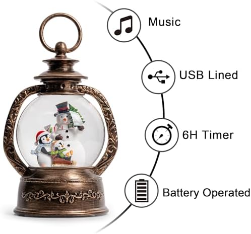 Christmas Snow Globe Lantern Water Glittering Snowman & Penguins with Music & Timer, USB Lined/Battery Operated Lighted Lantern for Christmas Festival Decoration Gifts - Image 3