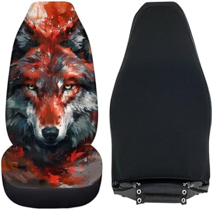 Gray-red Wolf Print Car Front Seat Cover Set of 2, Universal Fit, Made of Soft Polyester, Easy to Install, Edgy Style — Fits Most Vehicles