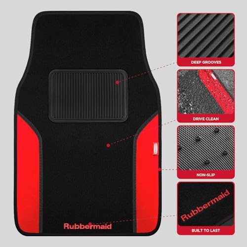 Rubbermaid Car Mats, Carpeted Floor Car Mat with Faux Leather & Built-in Heel Pad, Two-Tone Car Rug Floor Mats, Stylish Carpeted Floor Mats for Cars, Trucks & SUVs Red Color