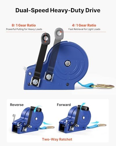 VEVOR Boat Winch, 3500 lbs Hand Winch, Heavy Duty Manual Rope Crank with 20ft Gray-Black Polyester Strap, Portable Two-Way Ratchet, Anti-Slip Handle Gear for Boat Trailer ATV Towing - Image 6