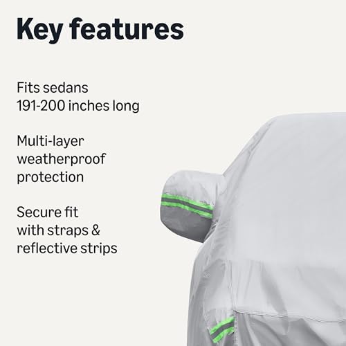 Amazon Basics Full Car Cover, Fits Vehicles 191-200", Silver