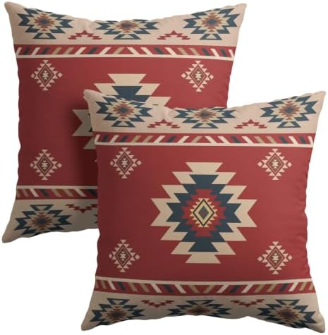 Sweetshow Red Aztec Southwest Pillow Covers Set of 2 Linen 18x18 Inches by Sweetshow