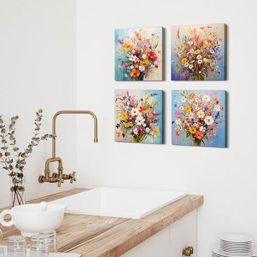Colorful Flower Pictures Wall Decor Abstract Floral Wall Art for Bedroom Watercolor Poppy Daisy Posters Pink Flowers Painting Nature Bouquet Canvas Prints Artwork Living Room Home Decoration 12x12” 4P - Image 2