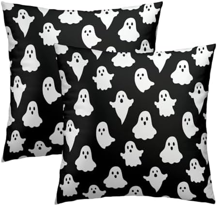 Sweetshow Happy Halloween Throw Pillow Covers 20X20 Inches Set of 2 White Cute Ghost Spooky Black Pillowcase Soft Cotton Square Cushion Covers for Home Sofa Bedroom Decoration by Sweetshow