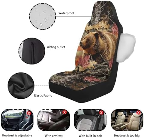 Bulopur Waterproof Car Seat Covers Front Seats Brown Bear Car Seat Cover Protector de Air Bag Compatible Auto Interior Cushion Cover Western Car Accessories Set