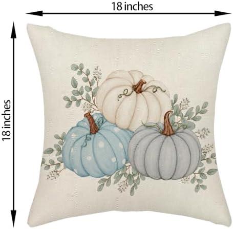 Fall White Teal Blue Pumpkin Leaf Pillow Covers 18x18 Set of 2 - Image 2