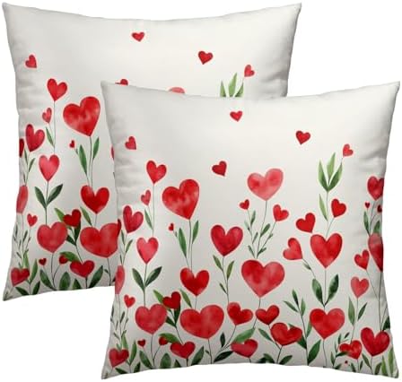 Valentine's Day Flower Throw Pillow Covers 22X22 Inches Set of 2 Red Love Heart Floral Pillowcase Soft Cotton Square Cushion Covers for Anniversary Wedding Home Sofa Bedroom Decoration - Image 2