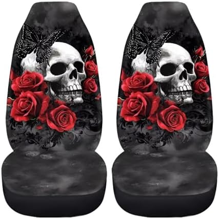 Skull Red Rose Car Seat Covers Set of 2 Breathable Front Seat Covers Stretch Polyester Fabric Cover Soft Front Seat Cover Universal Fit for Auto Truck Van SUV