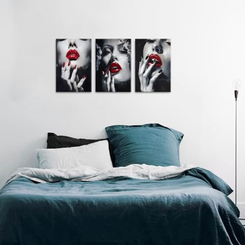 American Girl Canvas Wall Art Living Room Modern Abstract Women Red Lips Canvas Painting Fashion Female Framed Artwork Black and White Wall Decor for Woman Bedroom Bathroom Decoration 16x24 x3P - Image 2